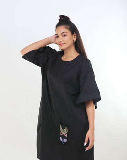 Black Cotton Pocket Dress with Beaded Patchwork