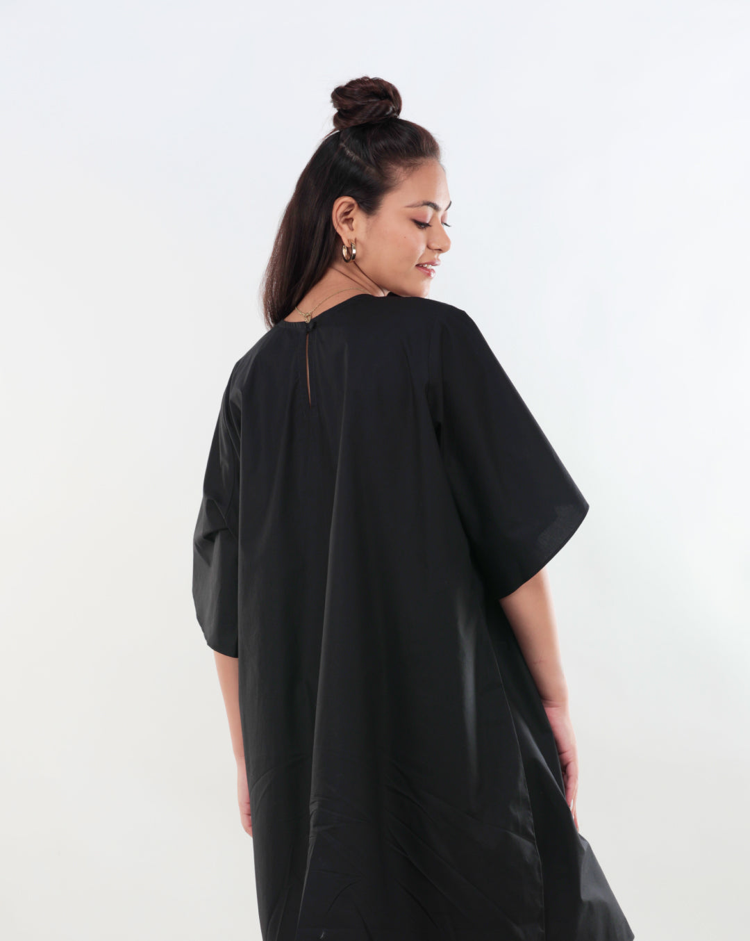Black Cotton Pocket Dress with Beaded Patchwork