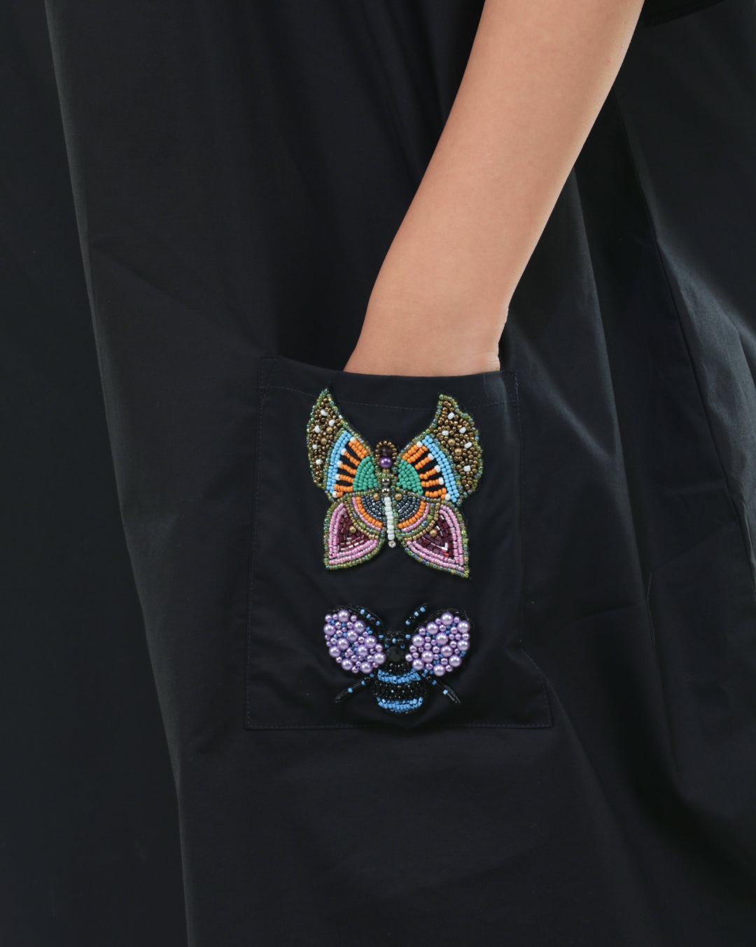 Black Cotton Pocket Dress with Beaded Patchwork