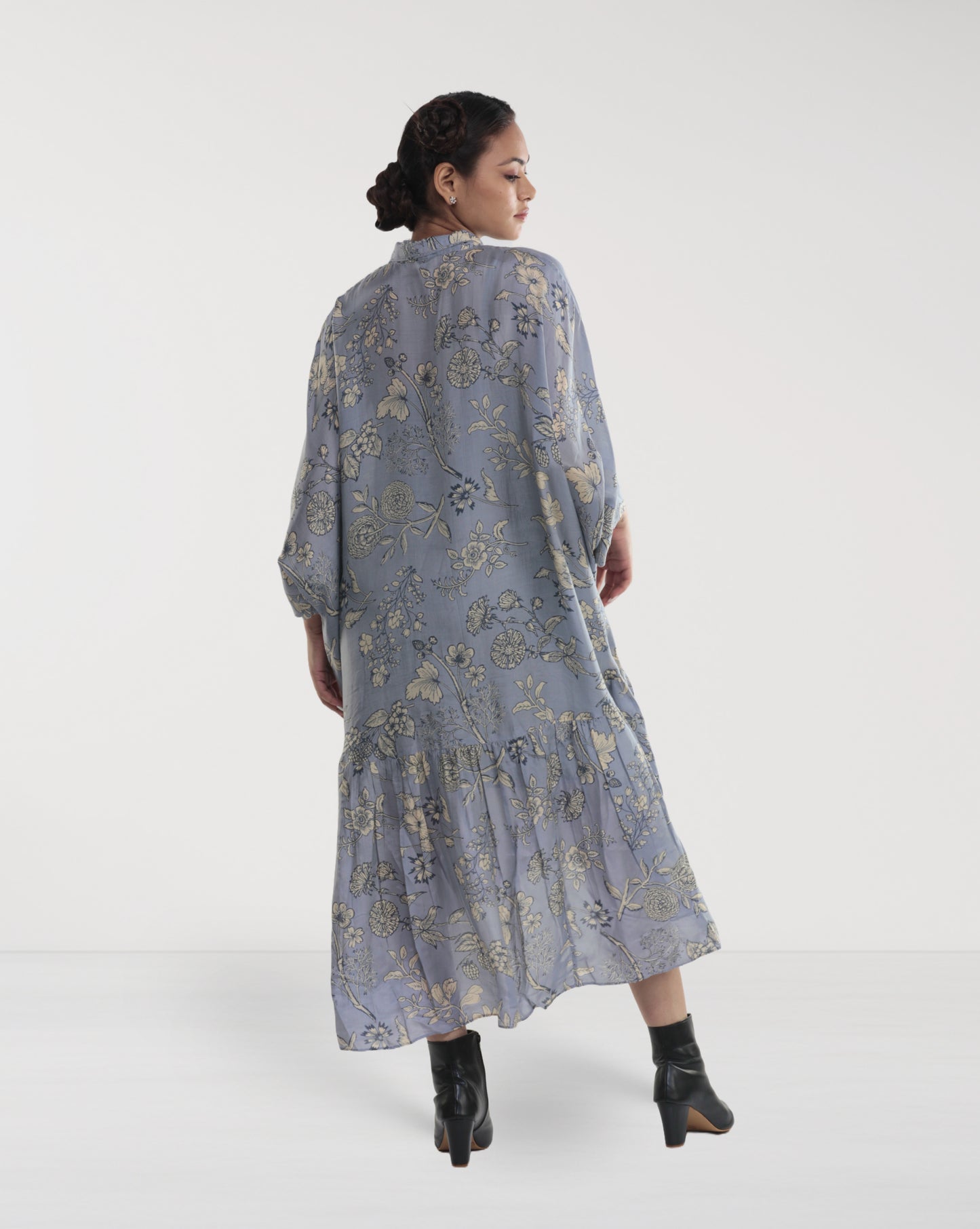 Grey Floral Drop-Waist Muslin Maxi Dress