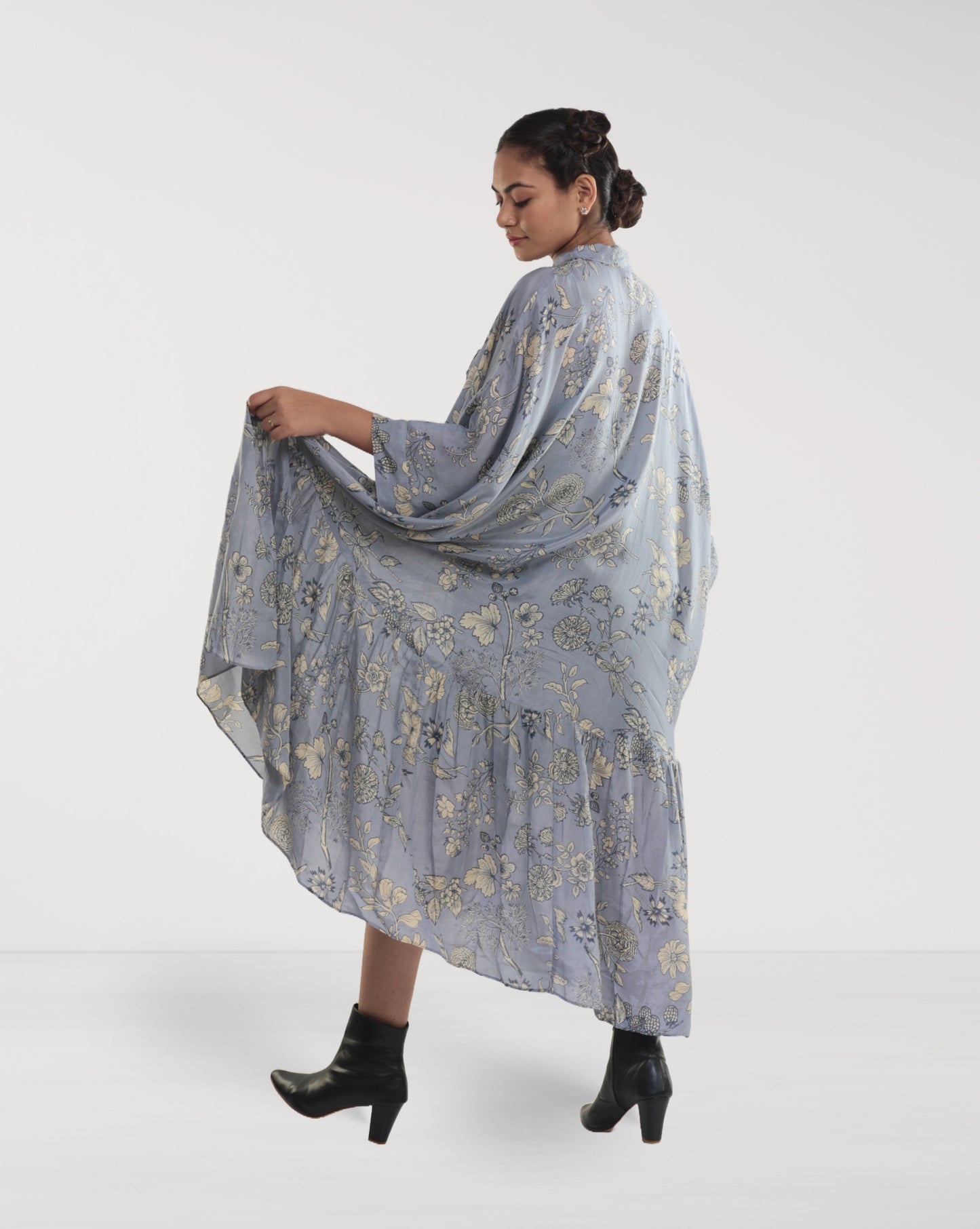 Grey Floral Drop-Waist Muslin Maxi Dress