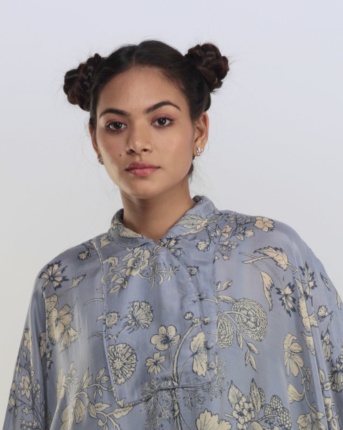 Grey Floral Drop-Waist Muslin Maxi Dress