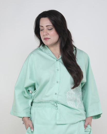 Mint Green Cotton Shirt with White Floral Embroidery