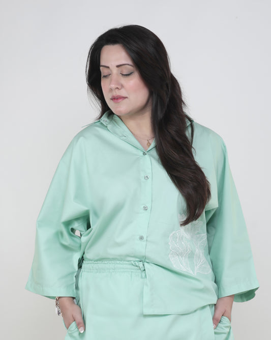 Mint Green Cotton Shirt with White Floral Embroidery