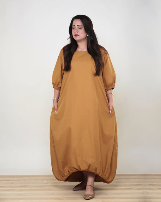 Mustard Bubble-Hem Cotton Dress