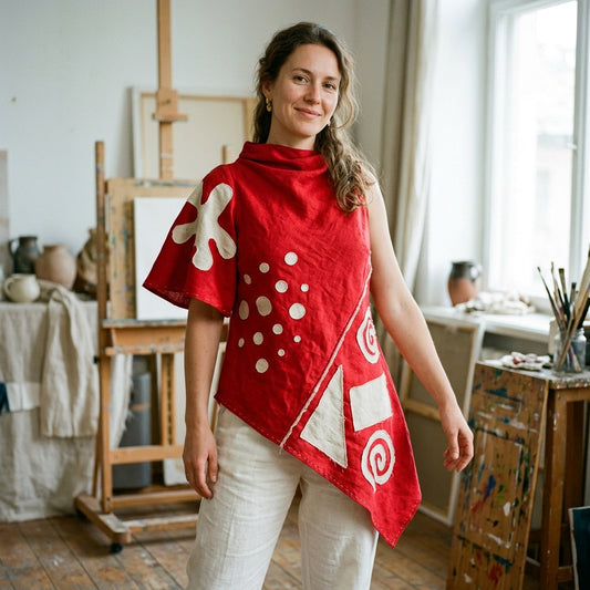 The Muse Asymmetric Linen Tunic in Crimson