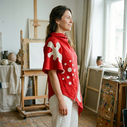 The Muse Asymmetric Linen Tunic in Crimson