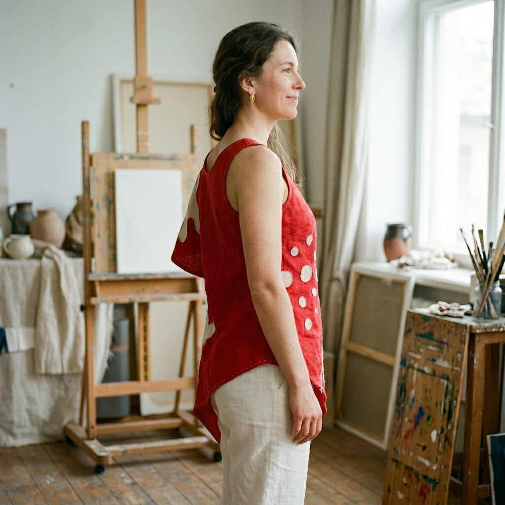 The Muse Asymmetric Linen Tunic in Crimson