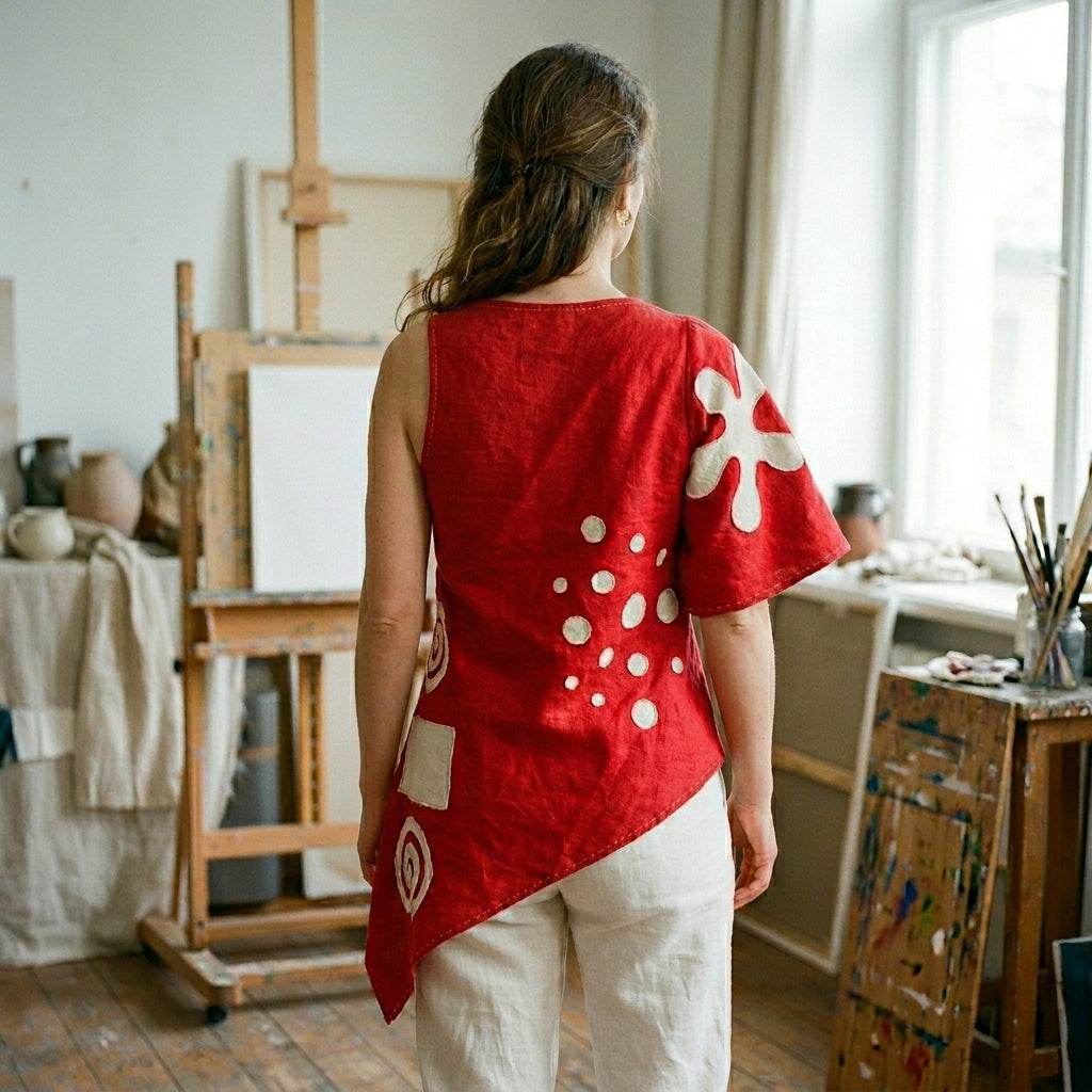 The Muse Asymmetric Linen Tunic in Crimson