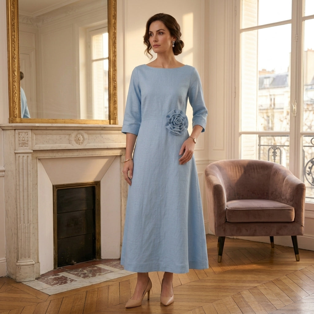 Rose Blue Linen Dress