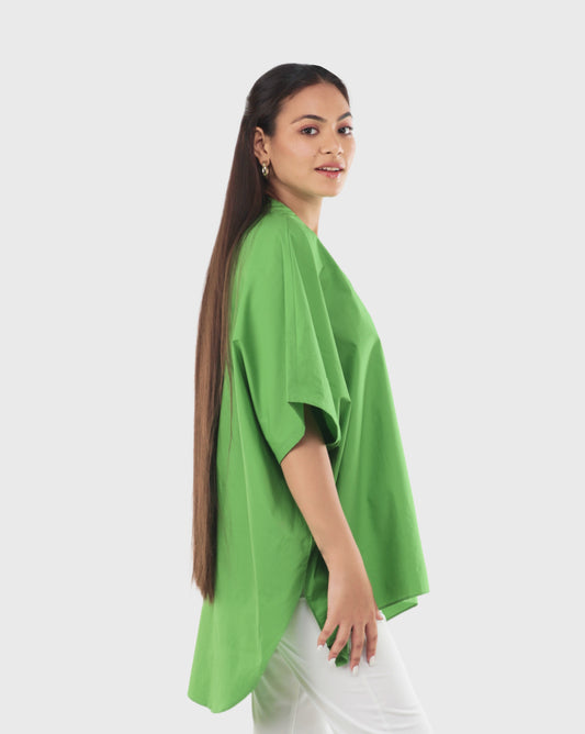 Green Cotton Shirt with with Beaded Butterfly Patch