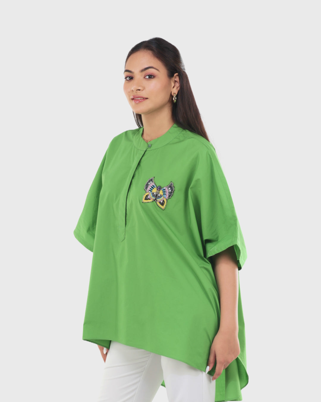 Green Cotton Shirt with Beaded Butterfly Patch