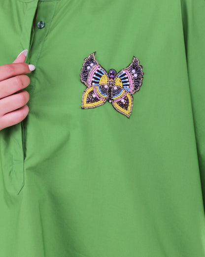 Green Cotton Shirt with Beaded Butterfly Patch