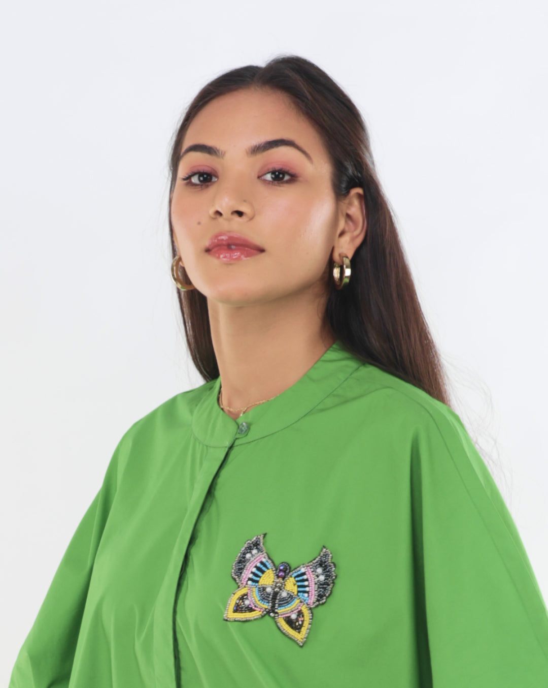 Green Cotton Shirt with Beaded Butterfly Patch