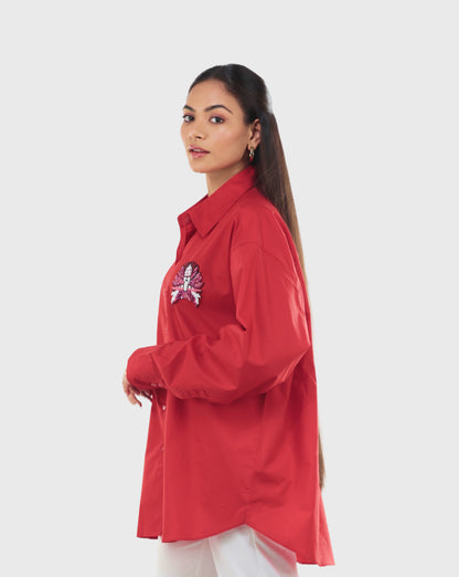 Red Cotton Shirt with Beaded Patchwork