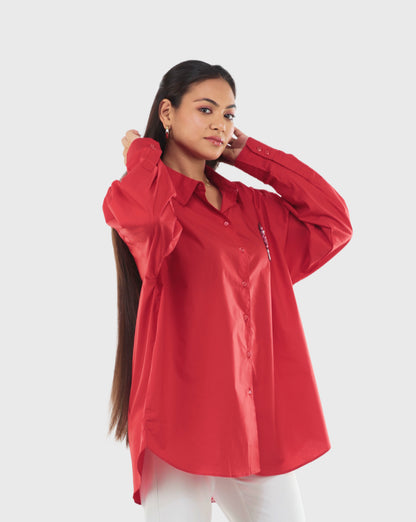 Red Cotton Shirt with Beaded Patchwork