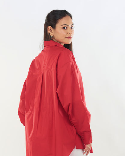 Red Cotton Shirt with Beaded Patchwork