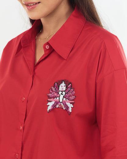 Red Cotton Shirt with Beaded Patchwork