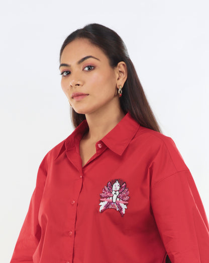 Red Cotton Shirt with Beaded Patchwork
